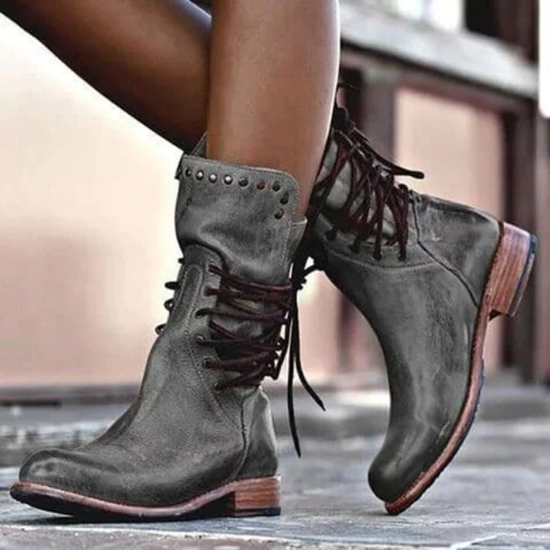 Beatrice | Studded Lace-Up Mid-Calf Leather Boots