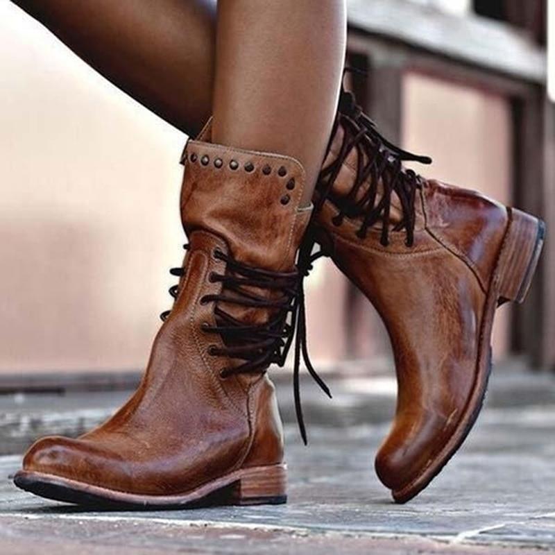 Beatrice | Studded Lace-Up Mid-Calf Leather Boots