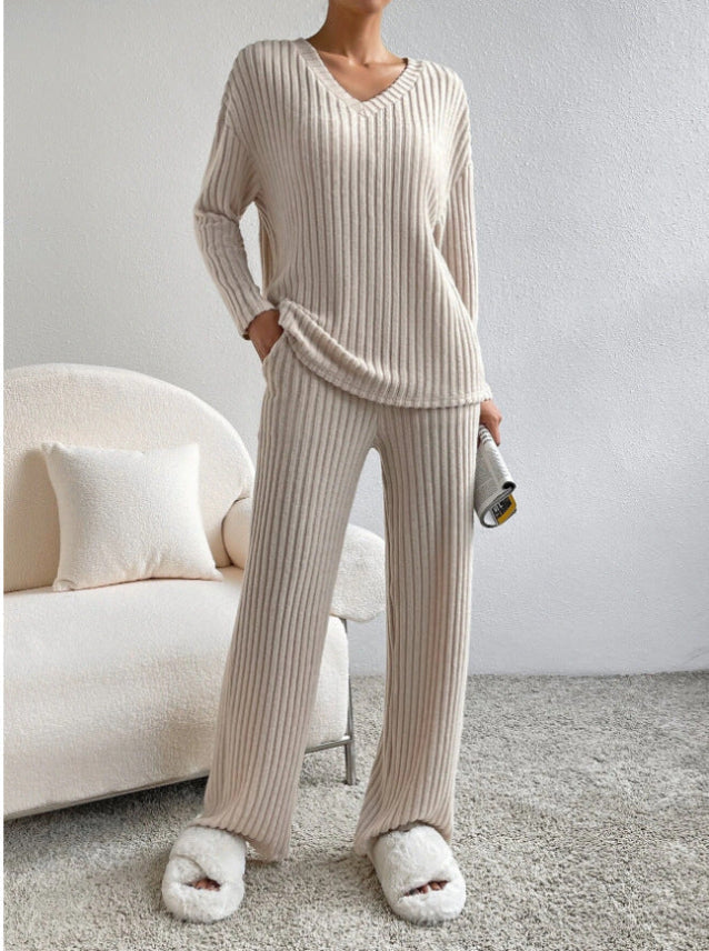 Colleen | Ribbed Knit V-Neck Top and Trouser Set