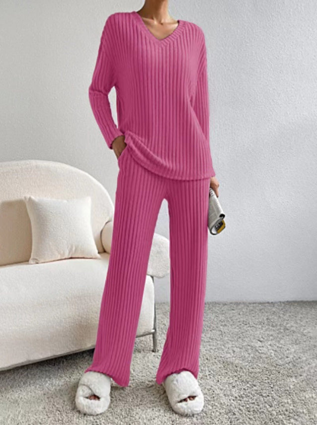 Colleen | Ribbed Knit V-Neck Top and Trouser Set