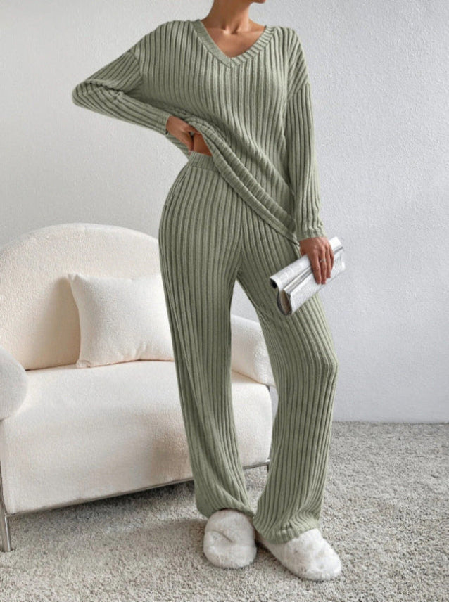 Colleen | Ribbed Knit V-Neck Top and Trouser Set