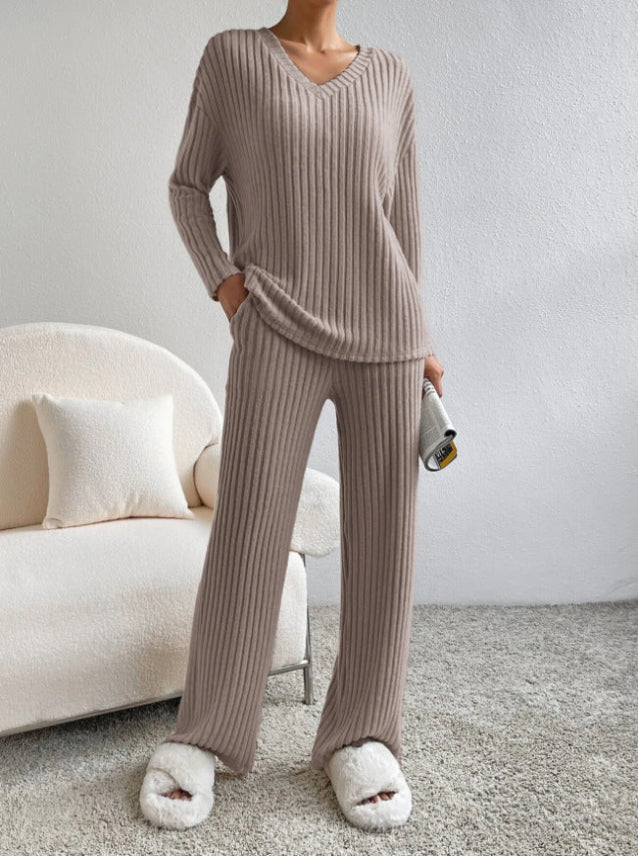 Colleen | Ribbed Knit V-Neck Top and Trouser Set