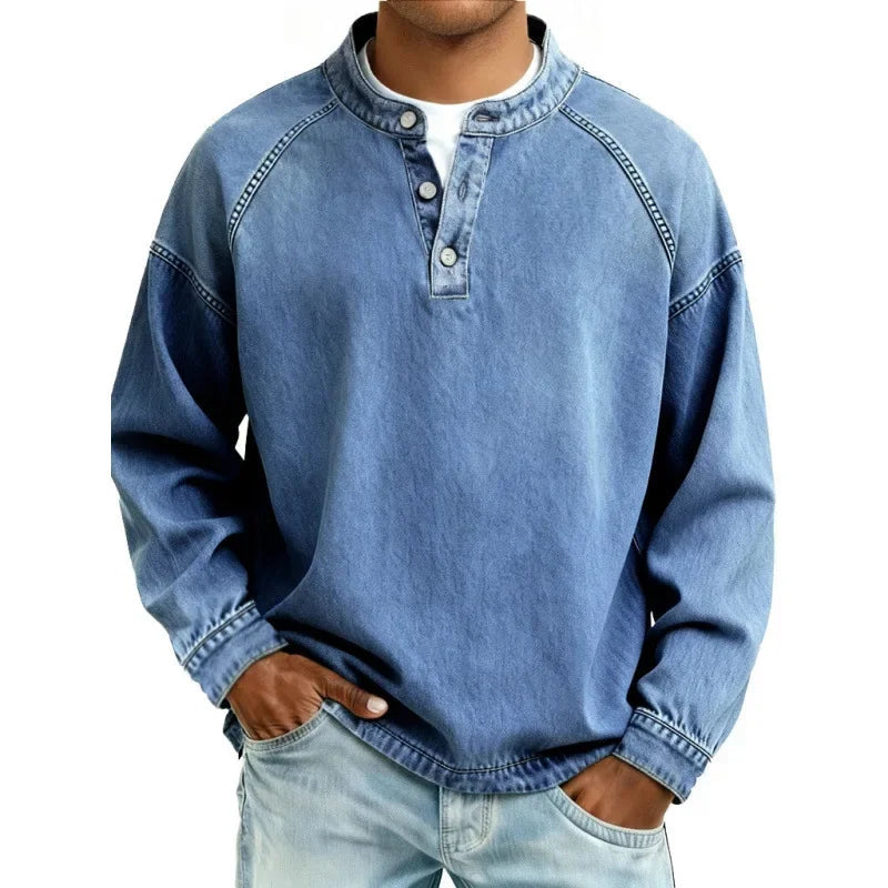 Jack | Buttoned Stand Collar Denim Look Sweatshirt