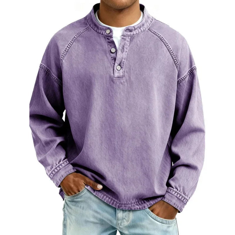 Jack | Buttoned Stand Collar Denim Look Sweatshirt