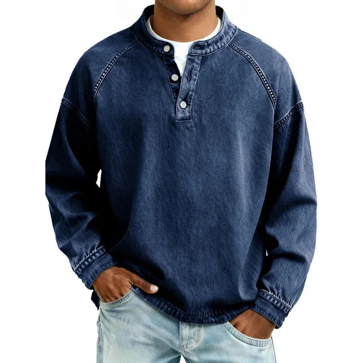 Jack | Buttoned Stand Collar Denim Look Sweatshirt
