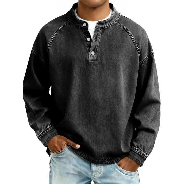 Jack | Buttoned Stand Collar Denim Look Sweatshirt
