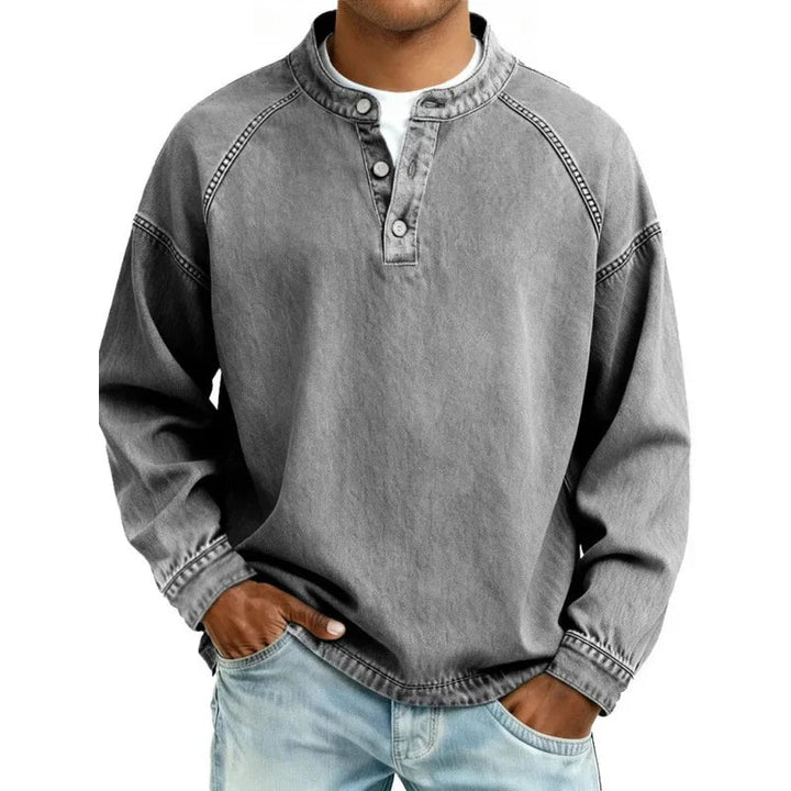 Jack | Buttoned Stand Collar Denim Look Sweatshirt