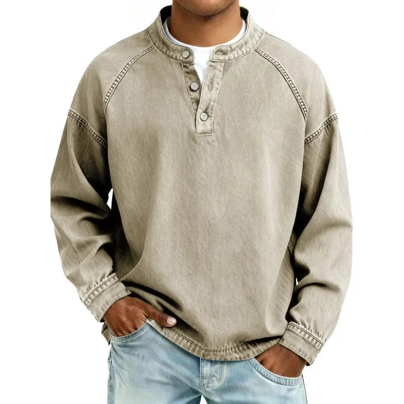 Jack | Buttoned Stand Collar Denim Look Sweatshirt