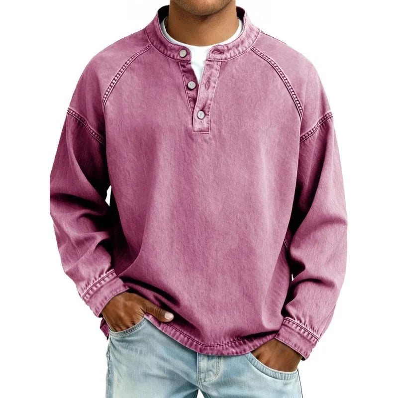 Jack | Buttoned Stand Collar Denim Look Sweatshirt