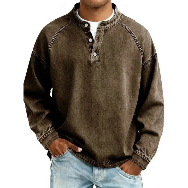 Jack | Buttoned Stand Collar Denim Look Sweatshirt