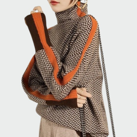 Jillian | Herringbone Contrast Stripe Roll Neck Jumper