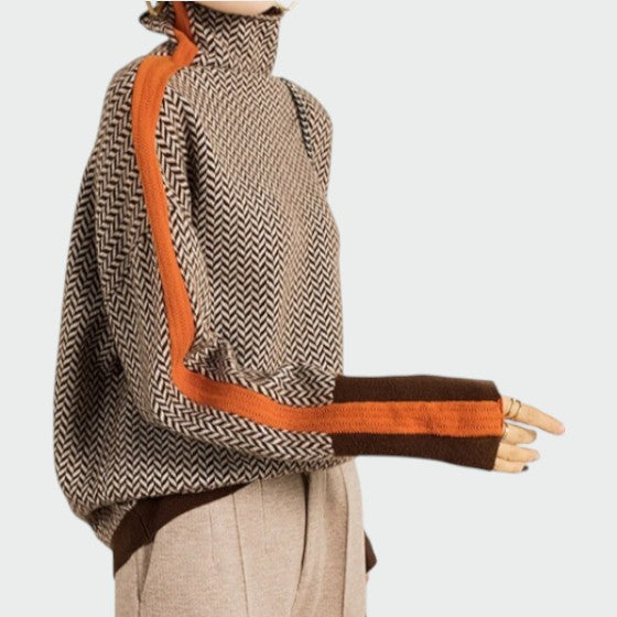 Jillian | Herringbone Contrast Stripe Roll Neck Jumper
