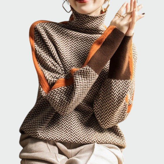 Jillian | Herringbone Contrast Stripe Roll Neck Jumper