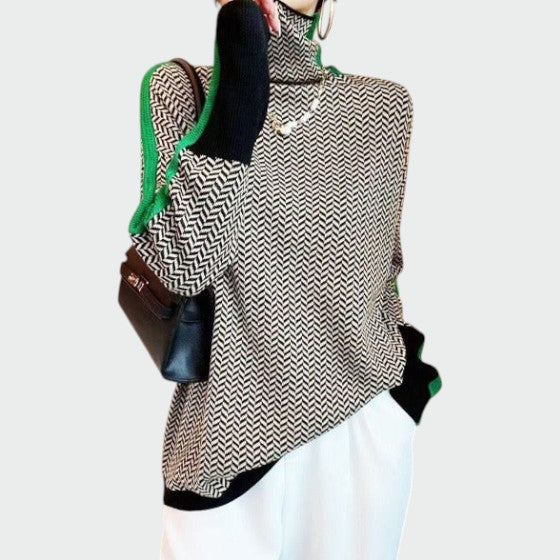 Jillian | Herringbone Contrast Stripe Roll Neck Jumper
