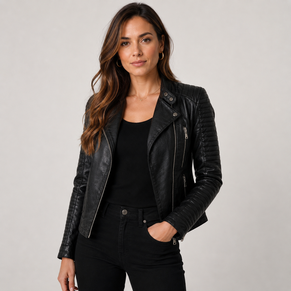Monica | Quilted Sleeve Asymmetric Biker Jacket