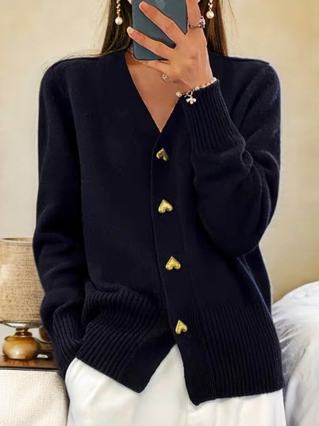 Paula | Heart Button V-Neck Knit Cardigan