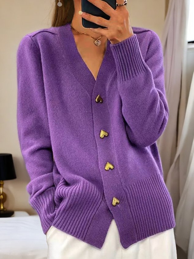 Paula | Heart Button V-Neck Knit Cardigan