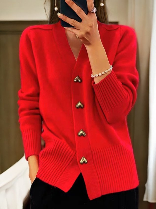 Paula | Heart Button V-Neck Knit Cardigan