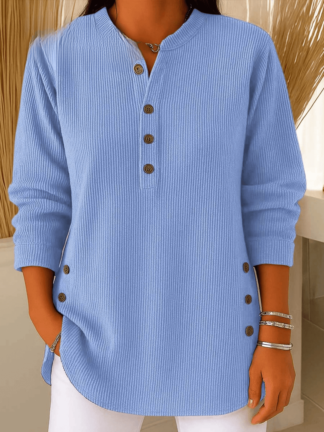 Wendy | Ribbed Henley Tunic Top With Side Buttons