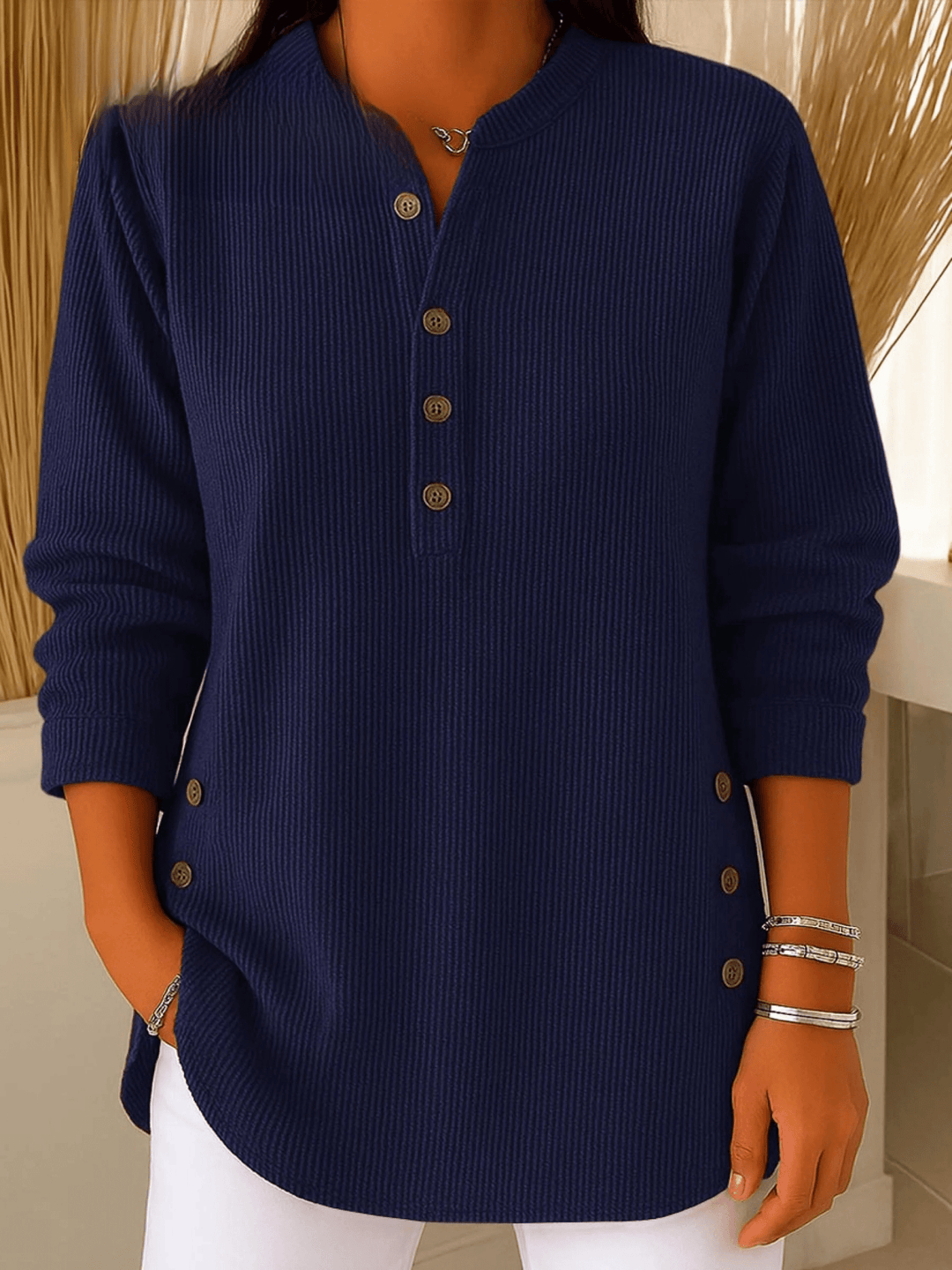 Wendy | Ribbed Henley Tunic Top With Side Buttons
