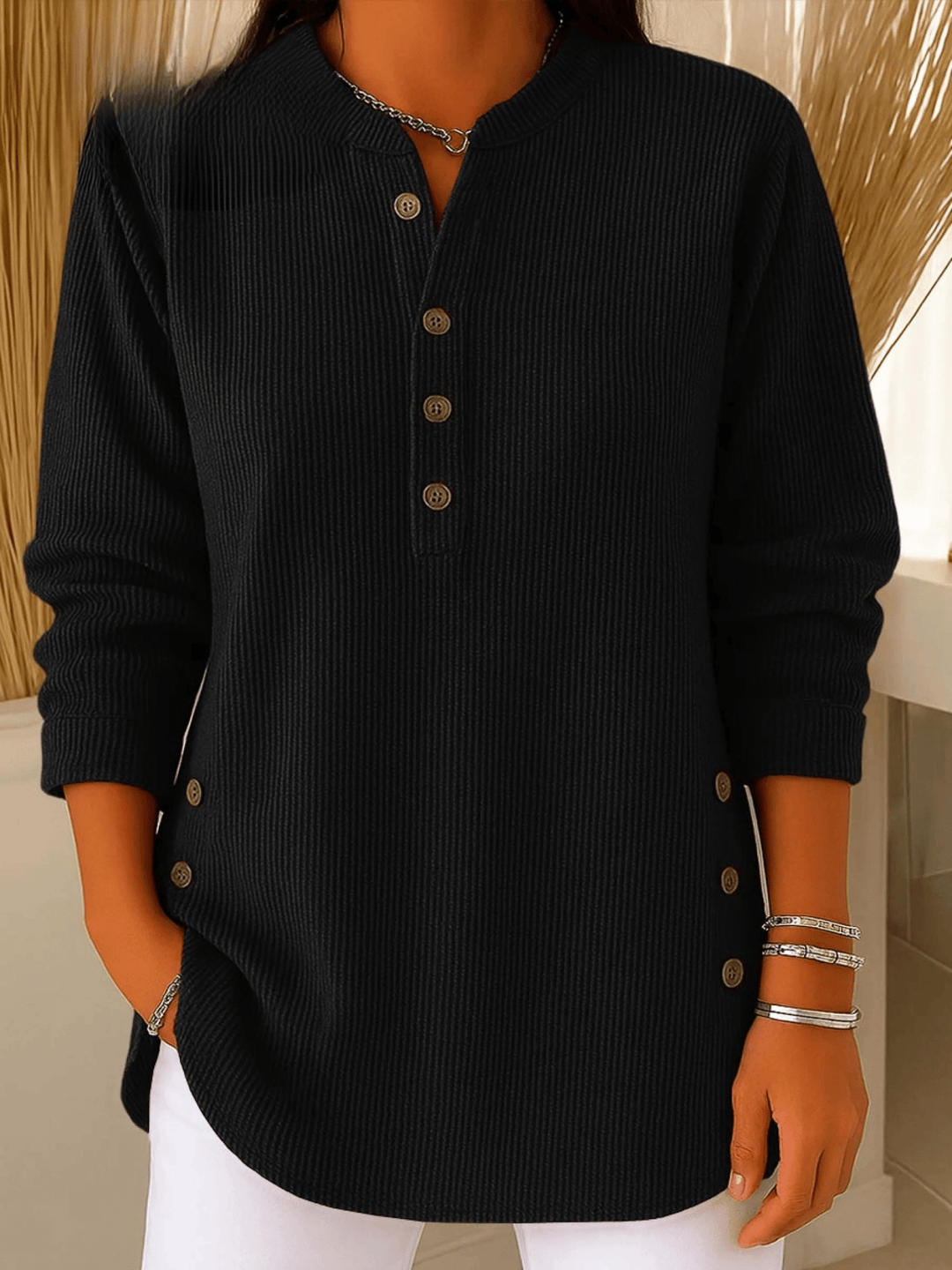 Wendy | Ribbed Henley Tunic Top With Side Buttons